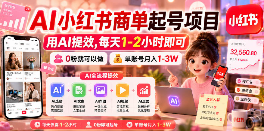 AI小红书商单起号项目，用AI提效,每天1-2小时即可，0粉就可以做，单账号月入1-3W-冒泡网