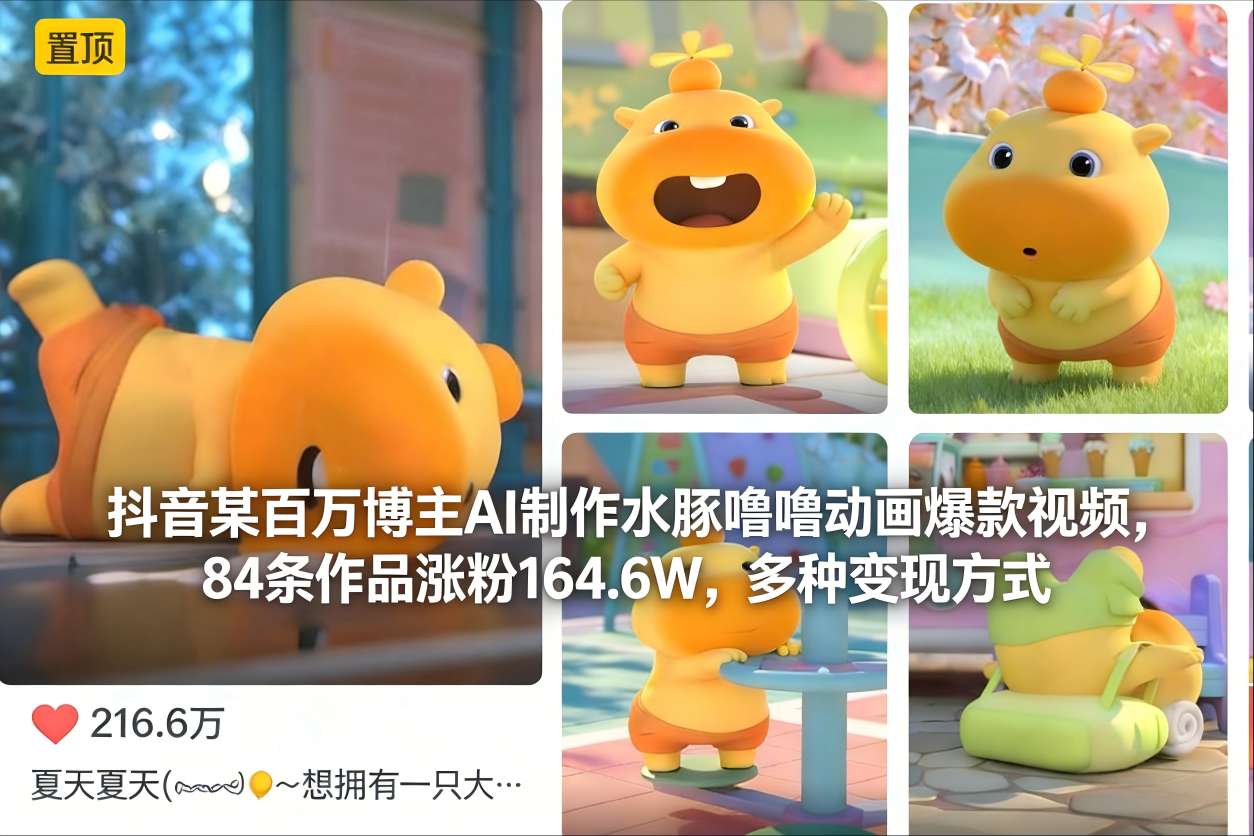 抖音某百万博主AI制作水豚噜噜动画爆款视频，84条作品涨粉164.6W，多种变现方式-冒泡网