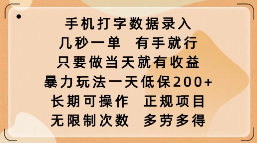 手机打字数据录入，几秒一单，有手就行，只要做当天就有收益，暴力玩法一天低保2张-冒泡网