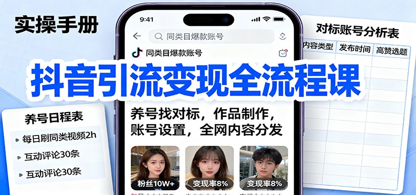 抖音引流变现全流程课：养号找对标，作品制作，账号设置，全网内容分发-冒泡网