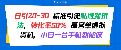 日引 20-30 精准引流私域新玩法，转化率50% 高客单虚拟资料，小白一台手机就能做-冒泡网