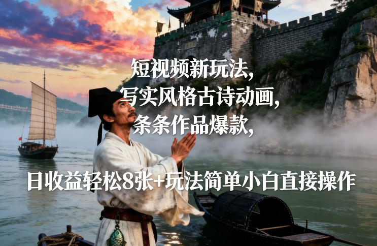 短视频新玩法，写实风格古诗动画，条条作品爆款，日收益轻松8张+玩法简单小白直接操作-冒泡网