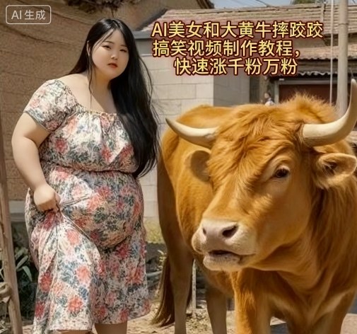 AI美女和大黄牛摔跤搞笑荒诞视频制作教程，快速涨千粉万粉-冒泡网