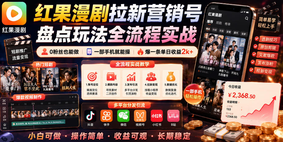 红果漫剧拉新营销号盘点玩法全流程实战，0粉丝也能做，一部手机就能做，爆一条单日收益2k+(更新0628)-冒泡网