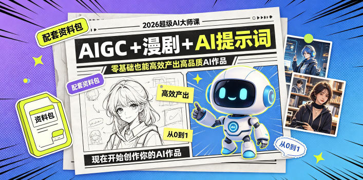 2026超级AI大师课，AIGC+漫剧+AI提示词+配套资料包，零基础也能高效产出高品质AI作品-冒泡网