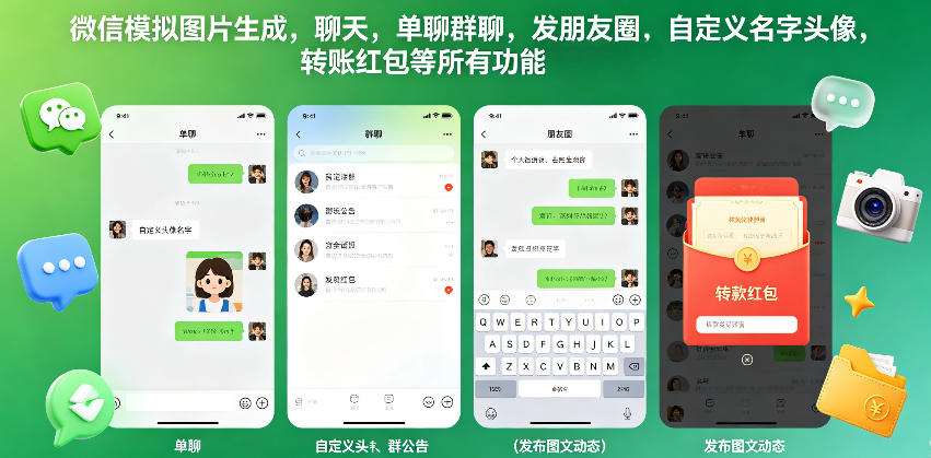 微信模拟图片生成，聊天，单聊群聊，发朋友圈，自定义名字头像，转账红包等所有功能都可以生成-冒泡网