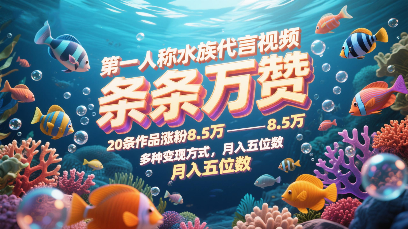 第一人称水族代言视频，条条万赞，20条作品涨粉8.5万，多种变现方式月，入五位数-冒泡网