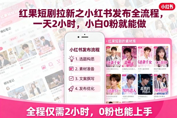 红果短剧拉新之小红书发布全流程，一天2小时，小白0粉就能做-冒泡网