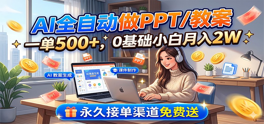 AI全自动做PPT/教案，一单500+，0基础小白月入2W，永久接单渠道免费送-冒泡网
