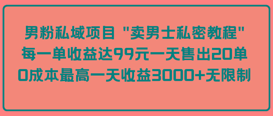 (9730期)男粉私域项目 “卖男士私密教程” 每一单收益达99元一天售出20单-冒泡网