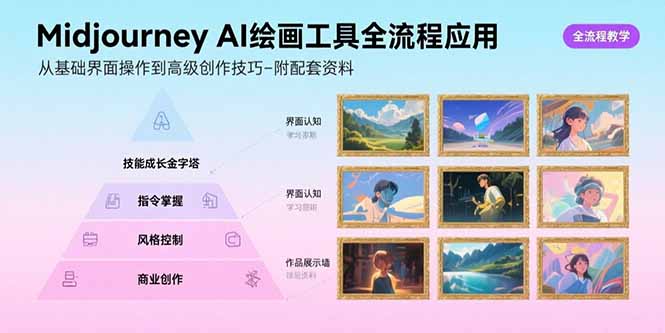 Midjourney AI绘画工具全流程应用，从基础界面操作到高级创作-附配套资料-冒泡网